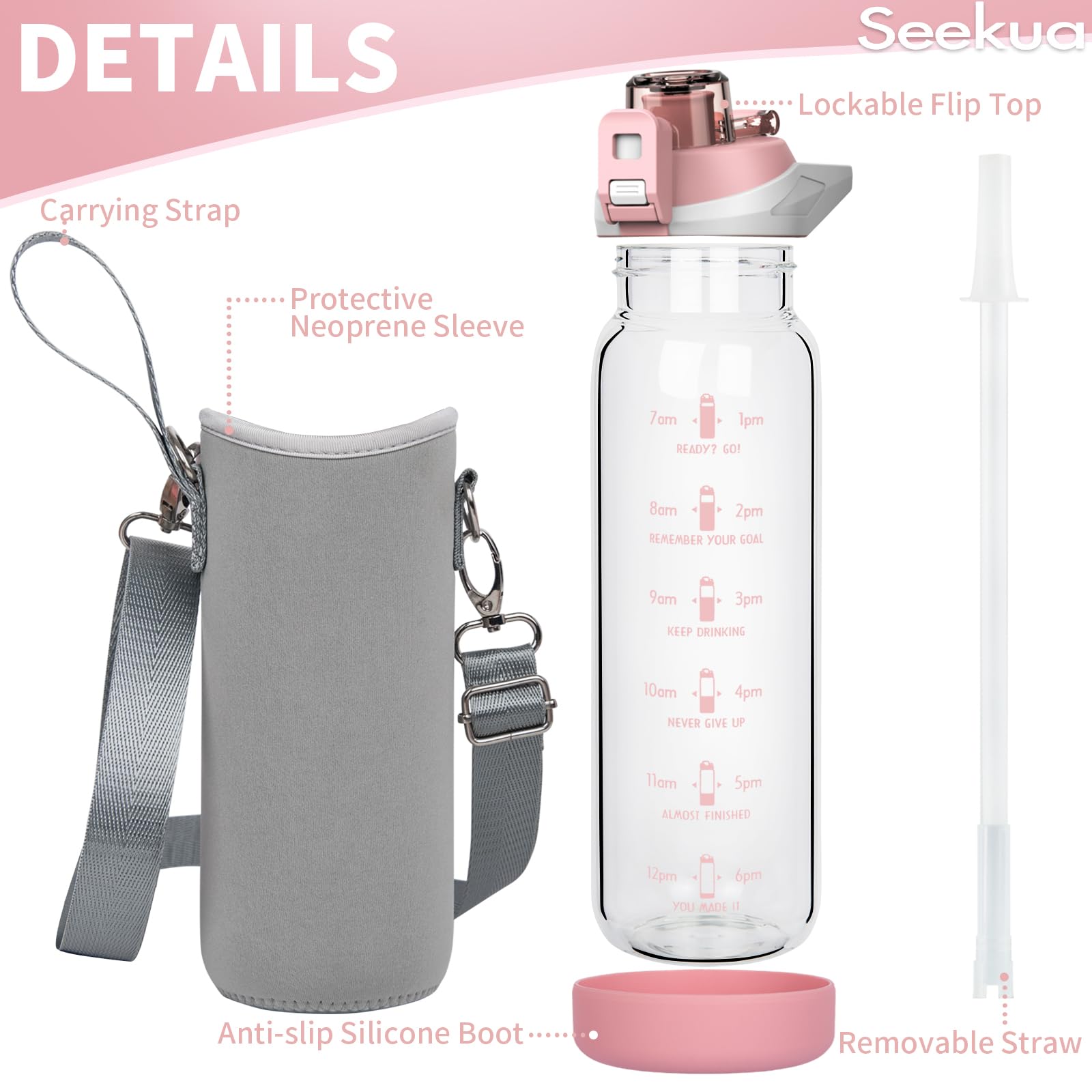 Seekua 48 Oz Glass Water Bottle With Straw & Time Marker - Borosilicate, Motivational, With Silicone Sleeve