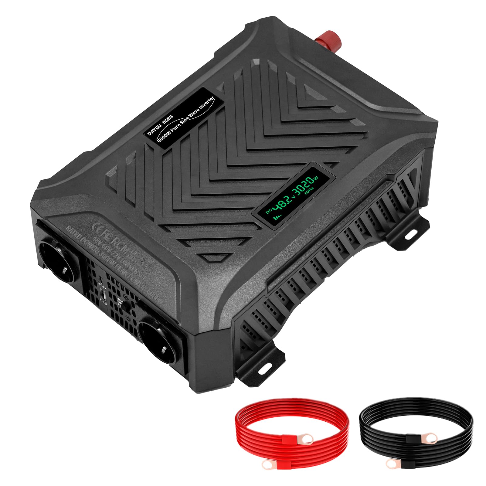 DATOUBOSS 2e generatie universele duale spanningsomvormer 12V/24V naar 230V omvormer 2000W/4000W zuivere sinus met intelligent detectiesysteem, met LCD-scherm, 2 EU-stopcontacten, 1 USB Type-C