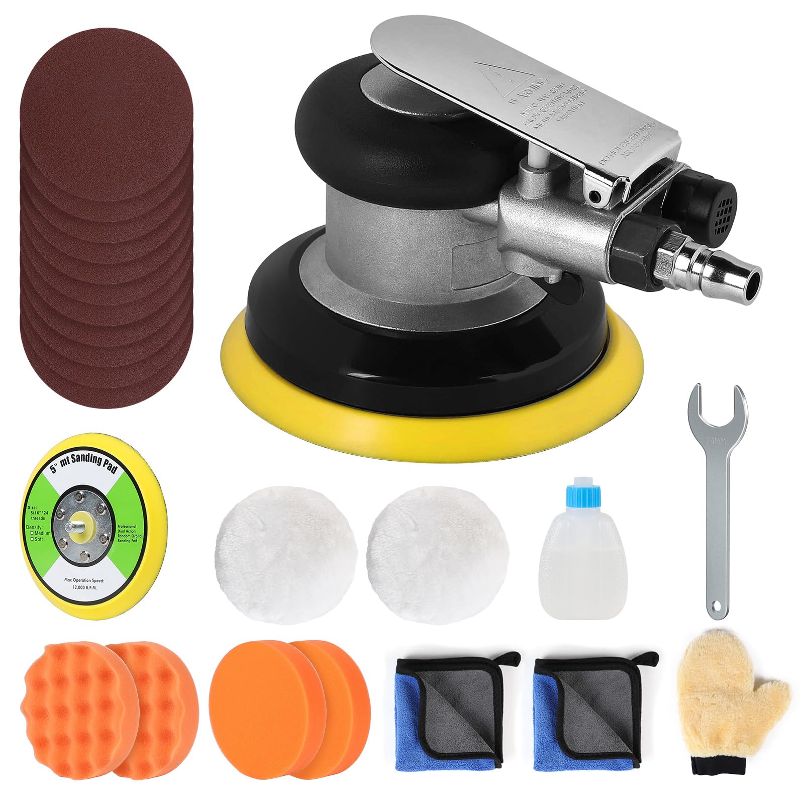 SWAWIS 125mm Lijadora Orbital Neumática, 12000RPM, Excentricidad 5 mm, Accesorios Completos, Lijadora Excéntrica de Aire Comprimido para Lijar y Pulir Superficies de Automóviles Madera y Metal