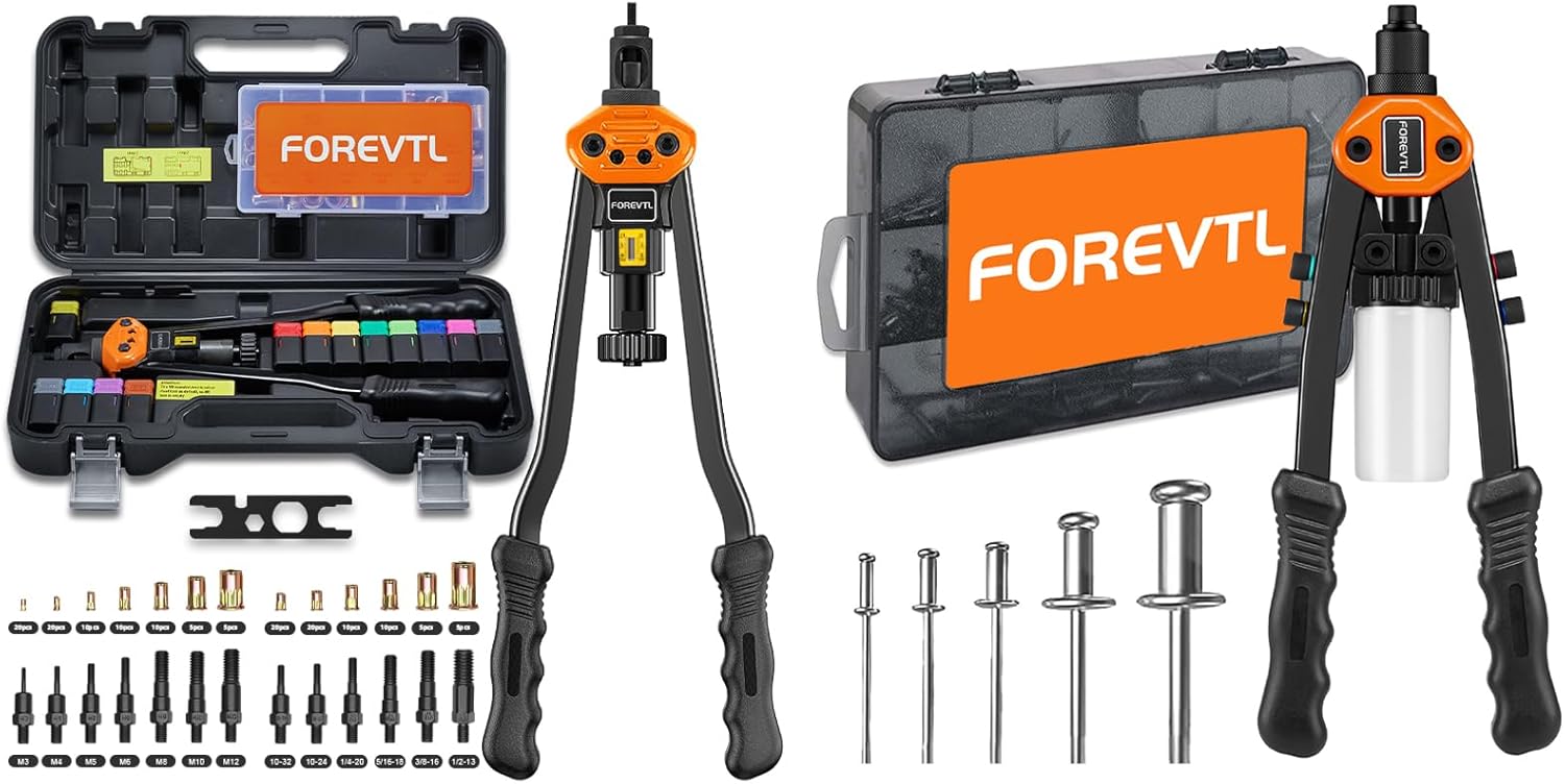 Rivet Gun Kit, 1/4 Pop Rivet Gun Kit with 210Pcs Blind Rivets and 5 Tool-Free Interchangeable Rivet Heads, 13" Heavy Duty Manual Hand Riveter Tool for Metal, Plastic & Automotive