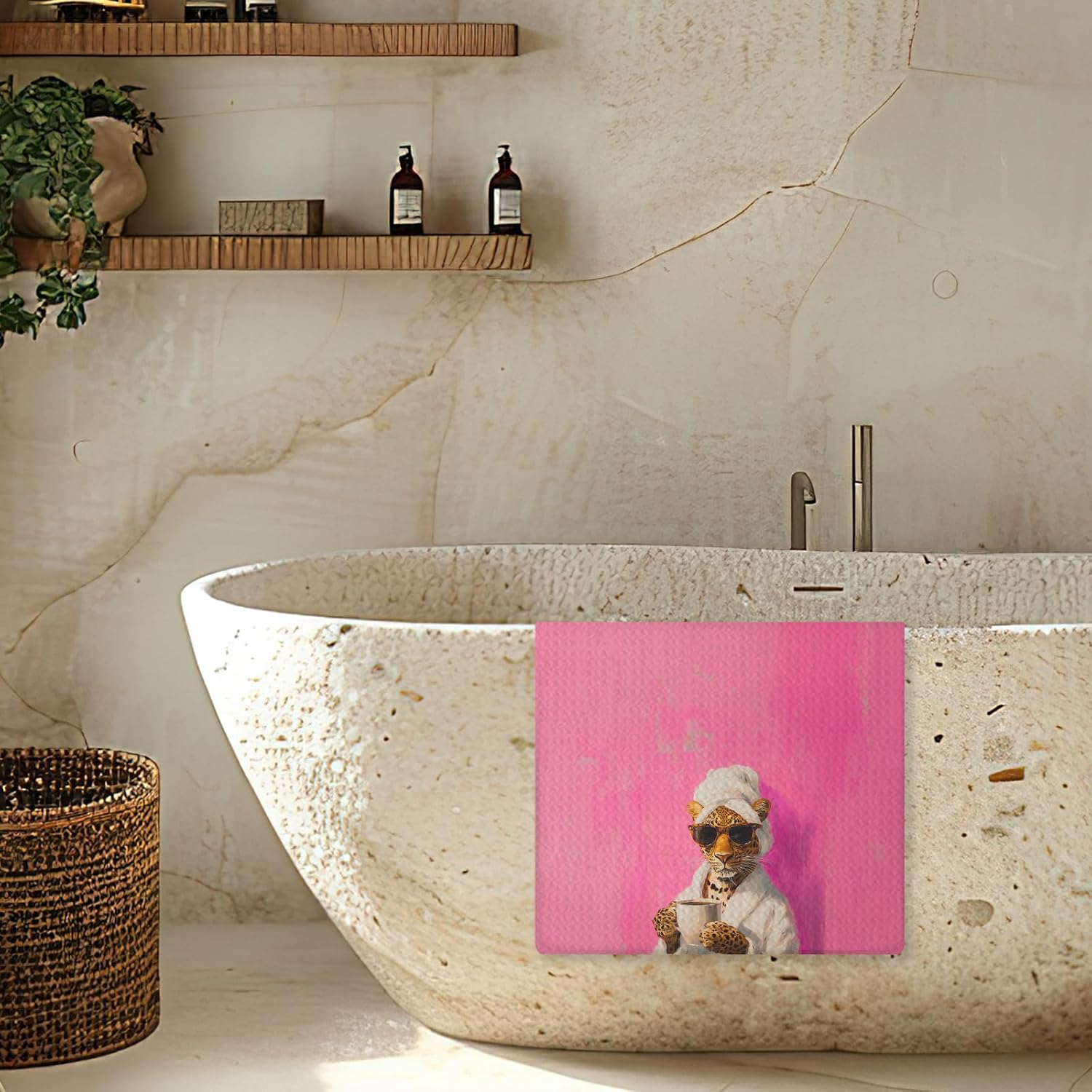Funny Coffee Leopard Bathroom Hand Towels, Leopard Bathroom Decor, Trendy Maximalist Pink Cheetah Print Decorative Hand Towels for Bath Room Washroom Restroom, 16x24 Inch