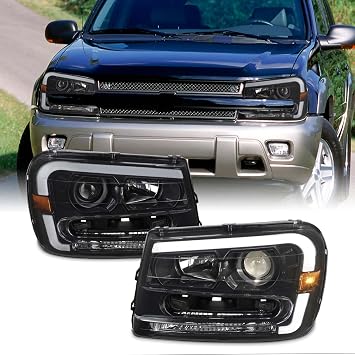 AKKON - For 2002-2009 Chevy Trailblazer Projector Headlights | LED DRL Daytime Running Light Black Housing Clear Lens Driver And Passenger Side Direct Replacement