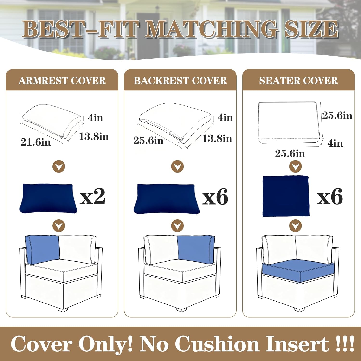 14PCS Patio Cushion Covers, 25.6" Patio Seat Protectors Splash-Proof, Washable Outdoor Couch Cushion Covers Replacement with Zippers, Slipcovers Sofa Chair(Blue,Cover Only)