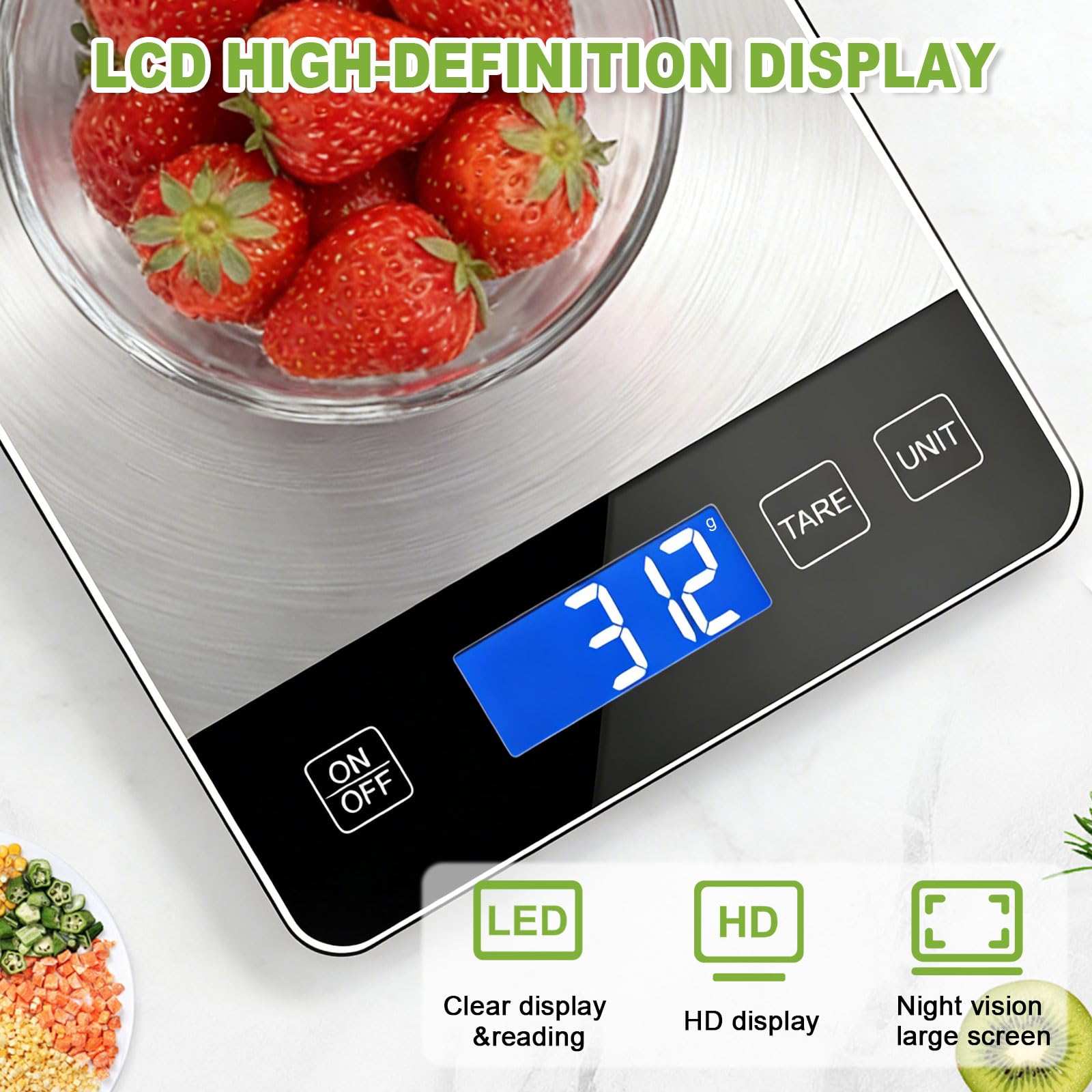 Digitale Küchenwaage, 15 kg, misst präzise Gramm und Unzen zum Backen, Kochen und Vorbereiten von Mahlzeiten, wiederaufladbarer 304 Edelstahl mit LCD-Display, Batterien und USB-Ladegerät im