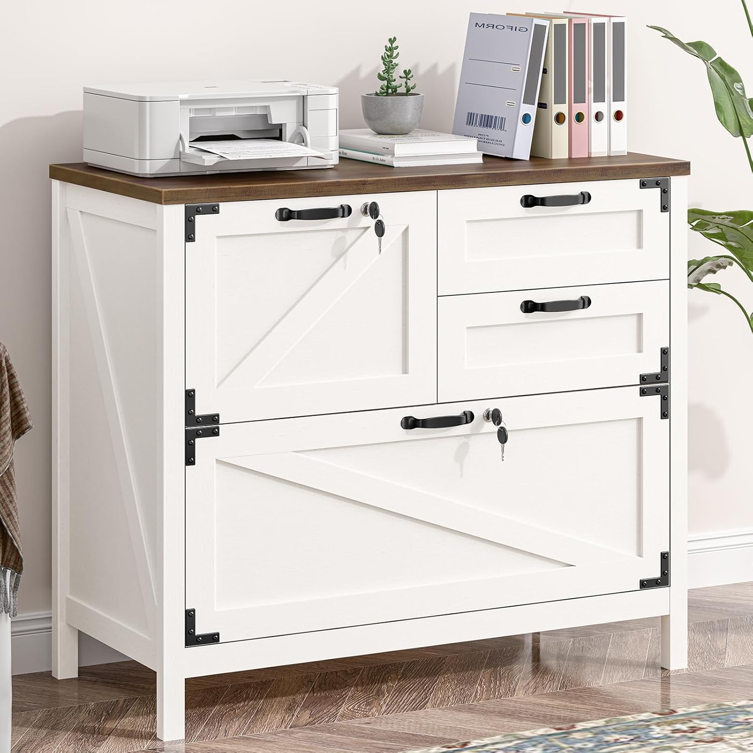 Vabches 4-Drawer Wood Lateral File Cabinet with Lock - Farmhouse Style for Letter/A4/Legal Hanging Files, Printer Stand Home Office Furniture