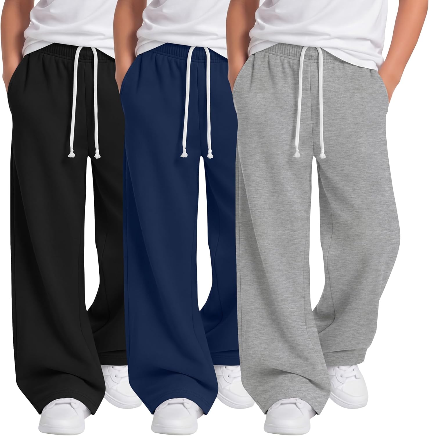 3 Pack Boys Baggy Sweatpants Wide Leg Open Bottom Drawstring Elastic Waist Athletic Joggers Pants with Pockets 6-16y