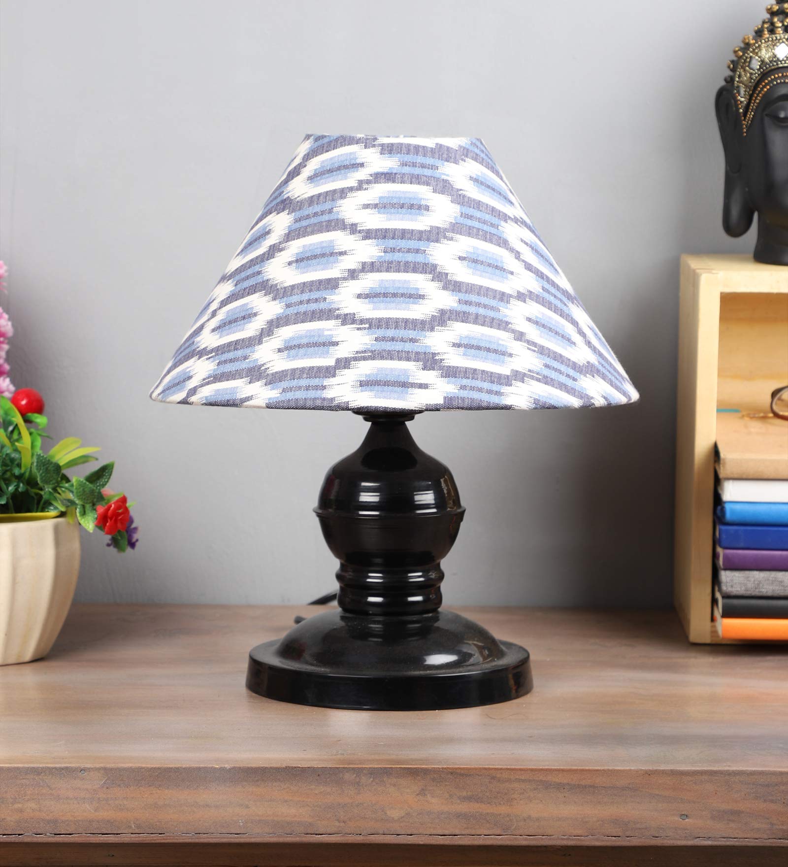 tu casa Table Lamps Black Metal Base with Blue/White Cotton (Ikat Print) Shades for Home Décor, Bedrooms, Living Room, Gifting, Diwali Decoration, Dining Space, Study Room, Restaurants (H-10)-picture-13