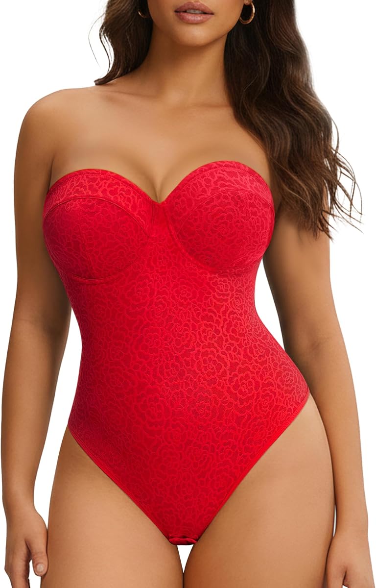Nebility Body moldeador sin tirantes para mujer - Tanga Body Suits Control de barriga Body Shaper Underwire Lace Corset Tube Top