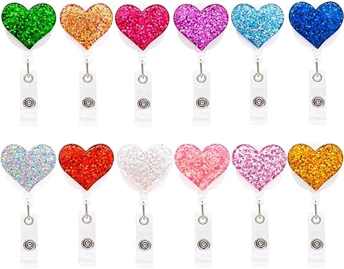 Paquete de 12 carretes retráctiles con forma de corazón brillante, soporte para tarjetas de identificación con clip de cocodrilo, ligero, cable de