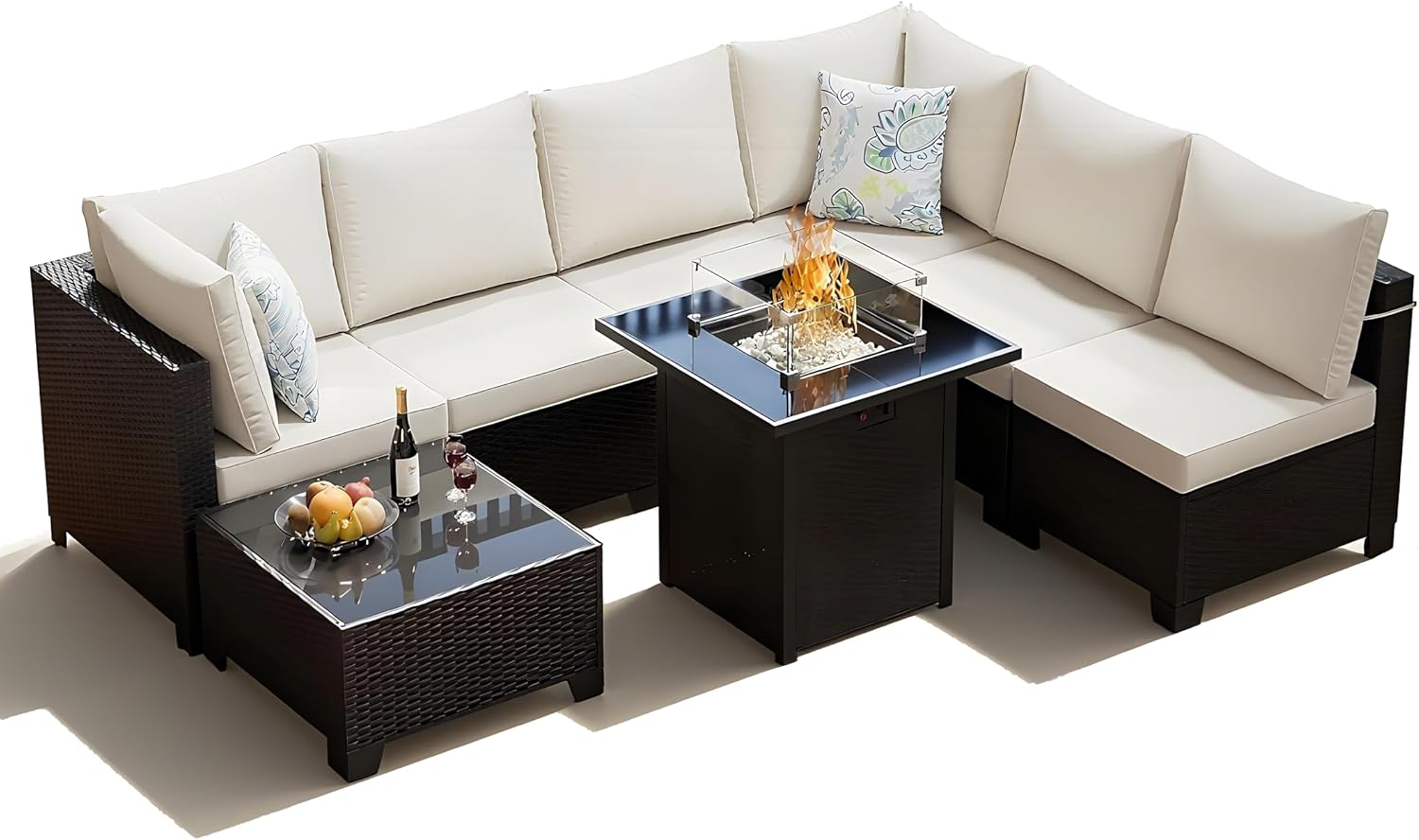 Patio Furniture Set, 8 Piece Outdoor Furniture Set with Large Propane Fire Pit (Brown and Beige)