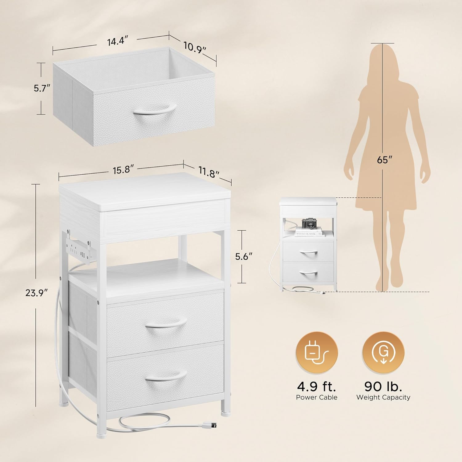 Nightstand Bedside Table Hidden Drawer - Night Stand with Charging Station and Sliding Top Storage, Bed Side Table with 2 Fabric Drawers, Modern Nightstand for Bedroom Dorm Living Room, White