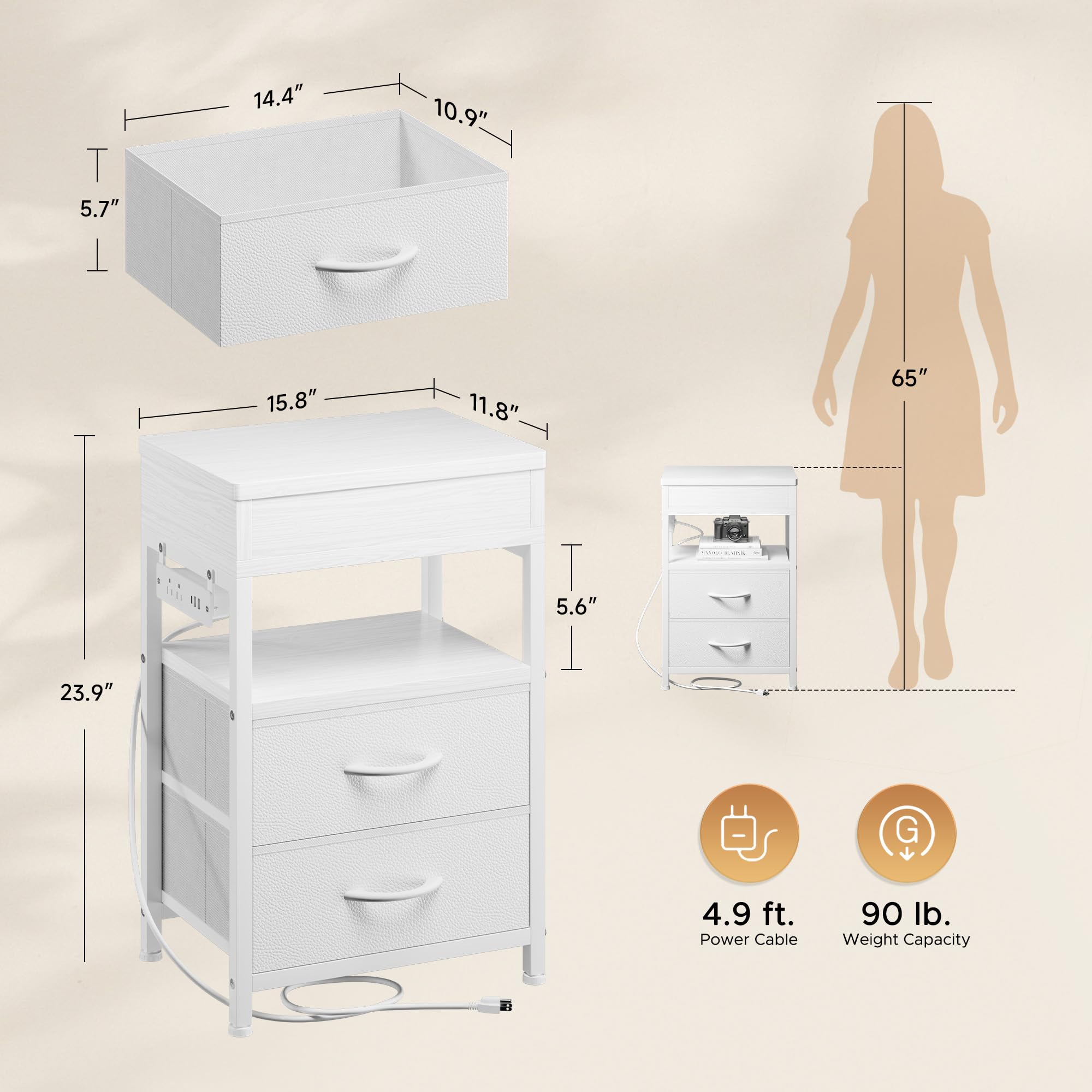 Mesita de noche con cajón oculto, mesita de noche con estación de carga y almacenamiento superior deslizante, mesa auxiliar de cama con 2 cajones de tela, mesita de noche moderna para dormitorio, sala 2