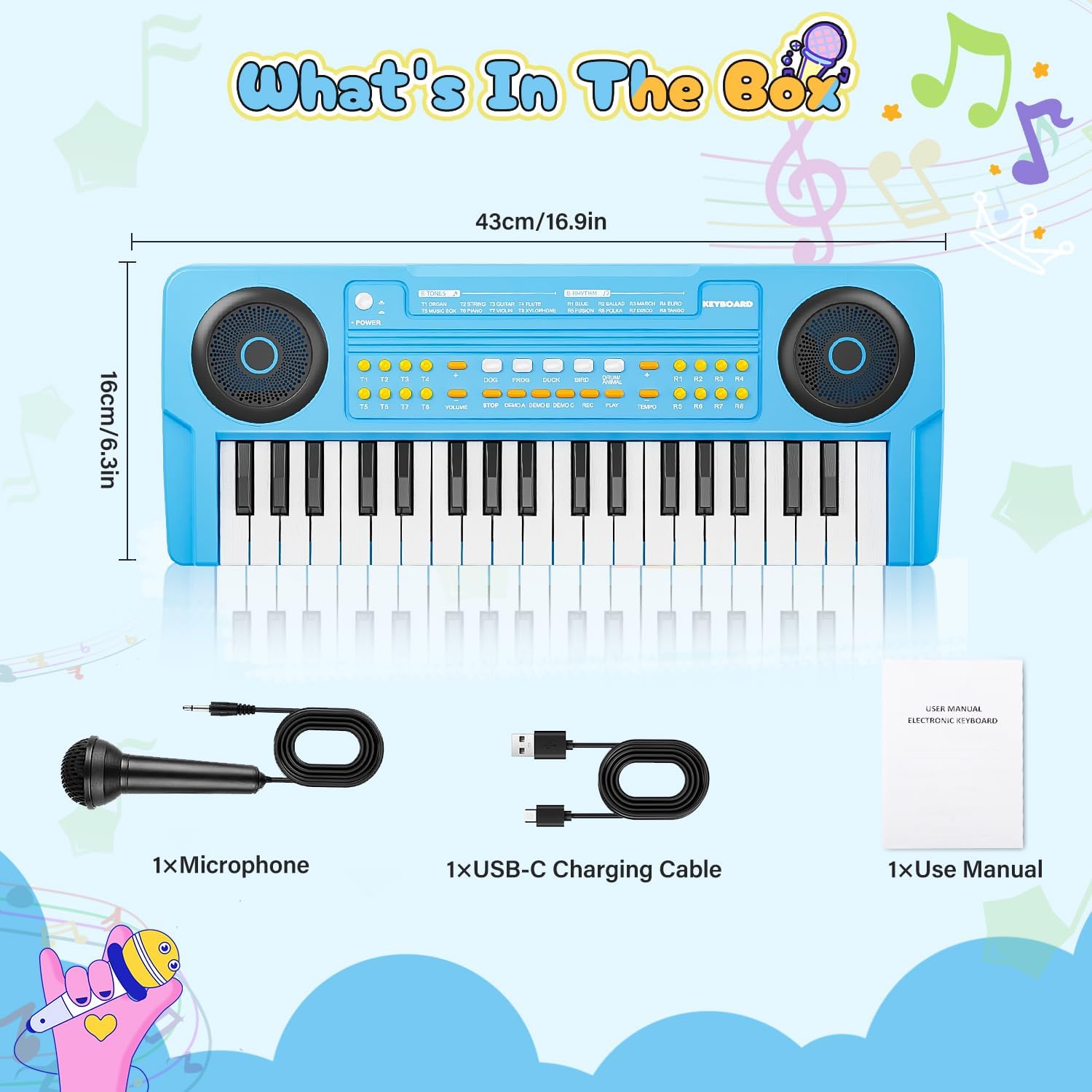 Upgraded 37 Keys Kids Piano Keyboard – Portable Toddler Music Toy Keyboard with Microphone Musical Instrument Birthday Gift for 3 4 5 6 Boys Girls, Blue