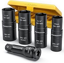 MIKKUPPA 5 PCS 1/2" Drive Impact Socket Set, Flip Socket Set, Cr-Mo Steel, Includes 3 Inch Bar Extension, Double Side Half Size Lug Nut Extractor Set