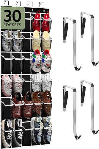 Miniatura 1 de PAULONE Organizador de zapatos para colocar sobre la puerta, 30 bolsillos grandes de malla transpirable de varios tamaños, bolsillos grandes de