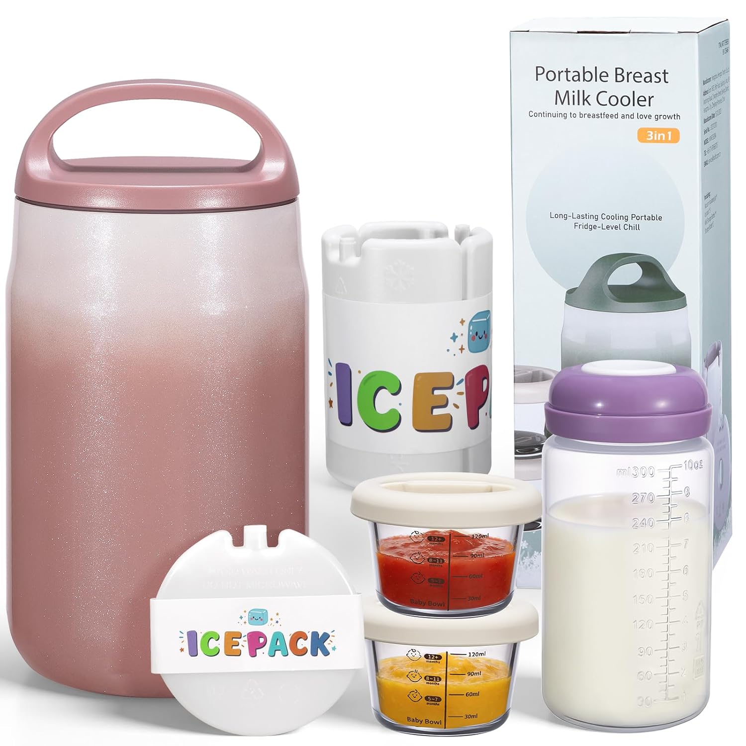 Breast Milk Cooler Bottle 3 in 1 BreastMilk Chiller with 2 Glass Snack Containers for Baby 360°Keep Fresh Cooling for 24hr with Baby Bottle for Milk Storage(Pink)
