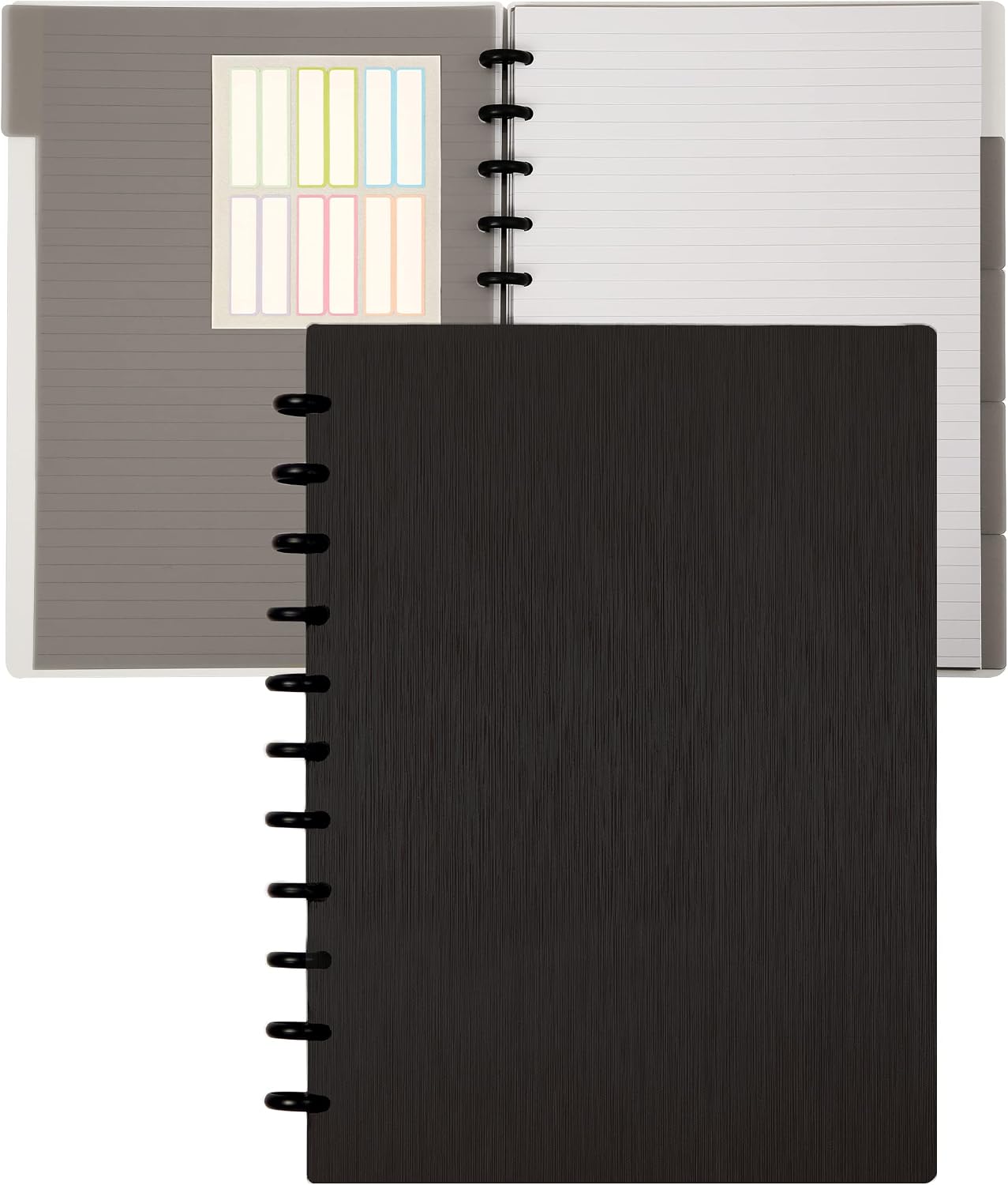 Discbound Notebook Refillable 5 Subject Notebook(9in x 12in) Customizable Spiral Journal with Removable Pages 120 Disc Planner with 5 Dividers & 12 Tabs for Work Meeting School, Black