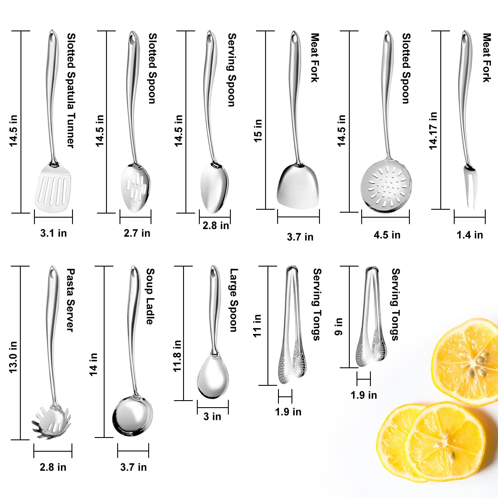 Küchenutensilien-Set aus 304 Edelstahl, 11-teiliges Edelstahl-Kochutensilien-Set, langes Metall-Kochutensilien-Set mit Spatel, Löffel, Skimmer, Zange usw. (spülmaschinenfest)