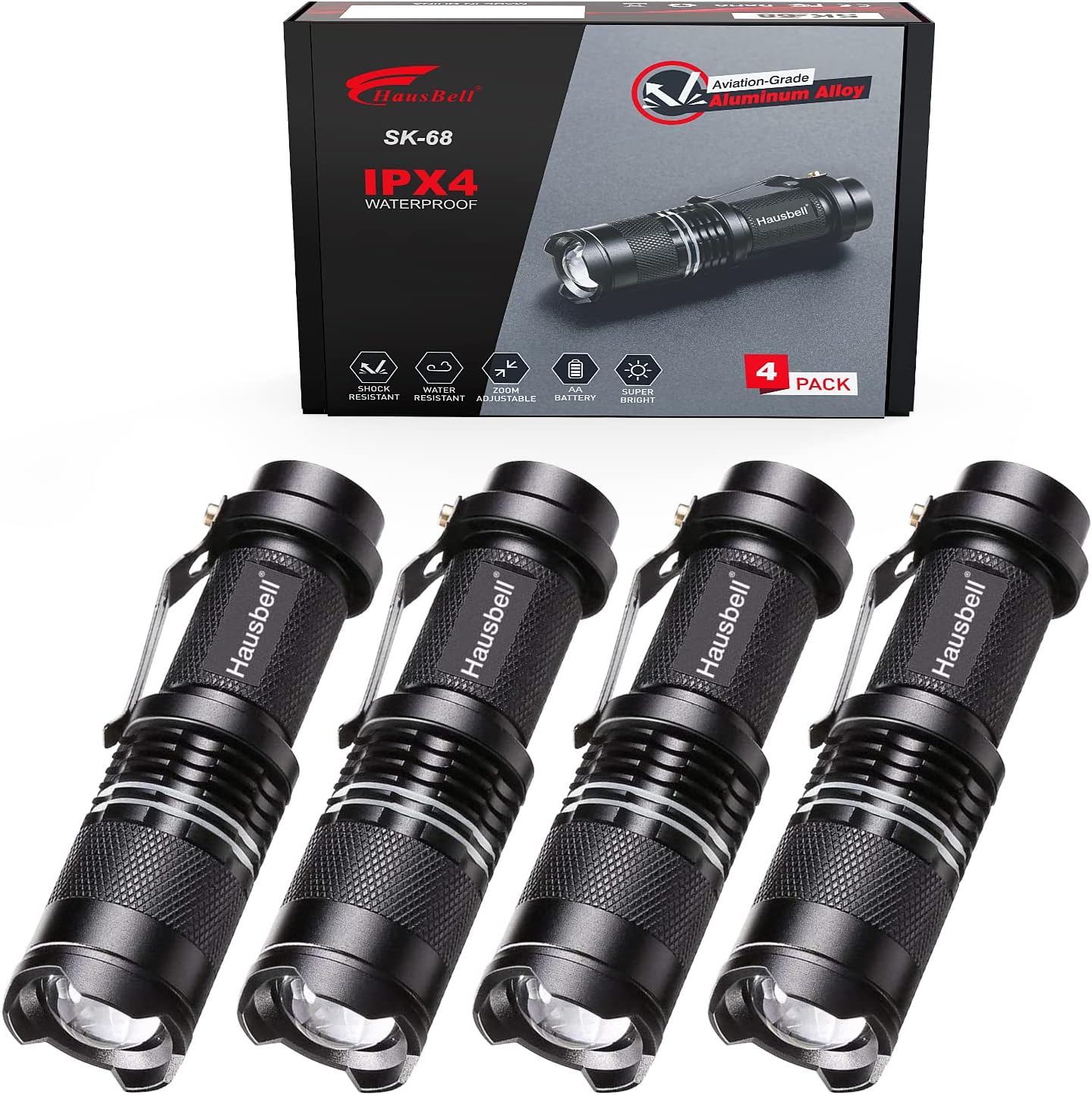 HAUSBELL Flashlights, Handheld Flashlights, 7W Mini LED Flashlights, Flashlights High Lumens, Zoomable Water Resistant, 3 Modes, Flash Light for Kids Indoor Outdoor Hiking Camping, 4 Pack