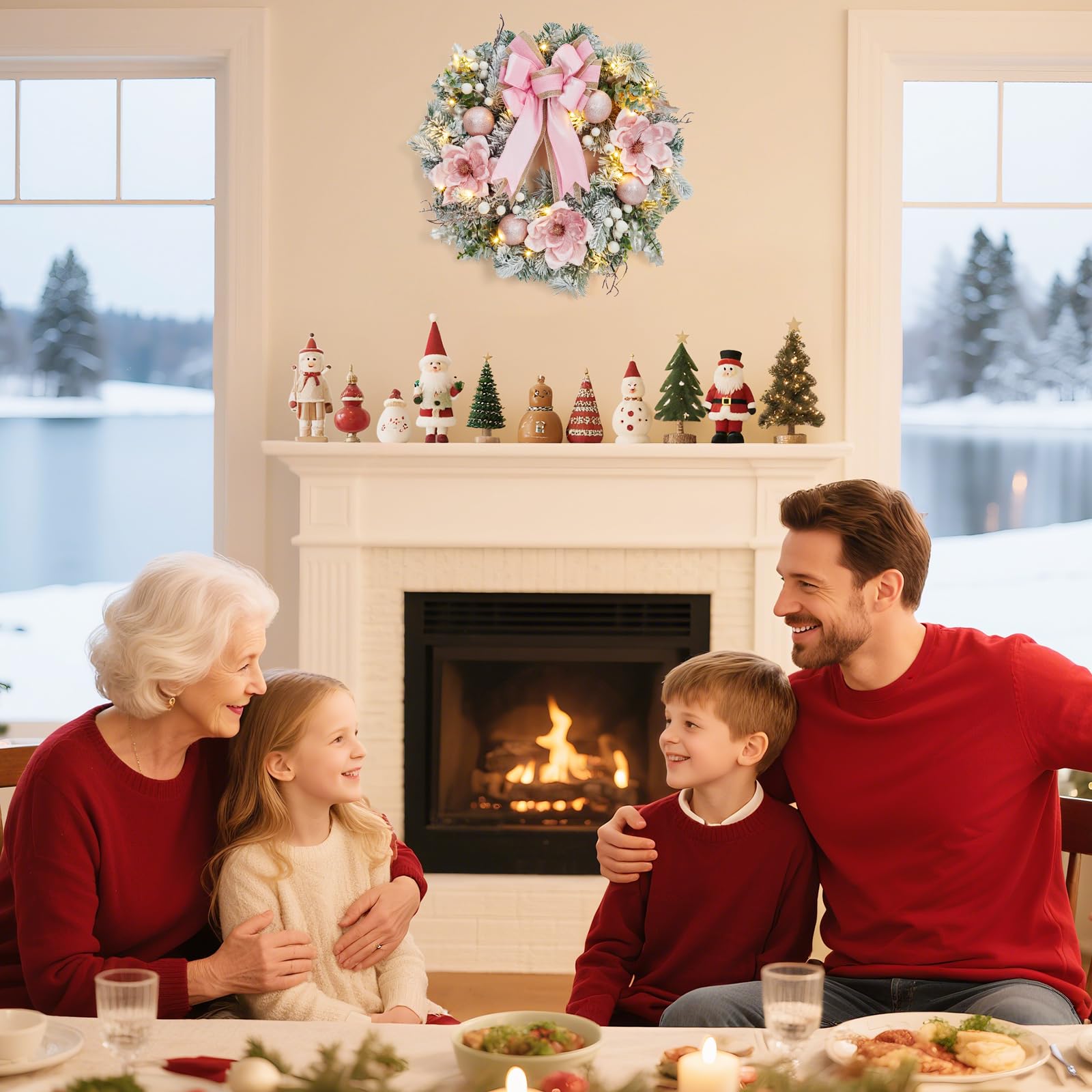 Grande couronne de Noël pré-éclairée pour porte d'entrée, 61 cm pour décoration de vacances, couronne de Noël lumineuse à piles avec fleurs, boules décoratives et 20 lumières LED pour fenêtre