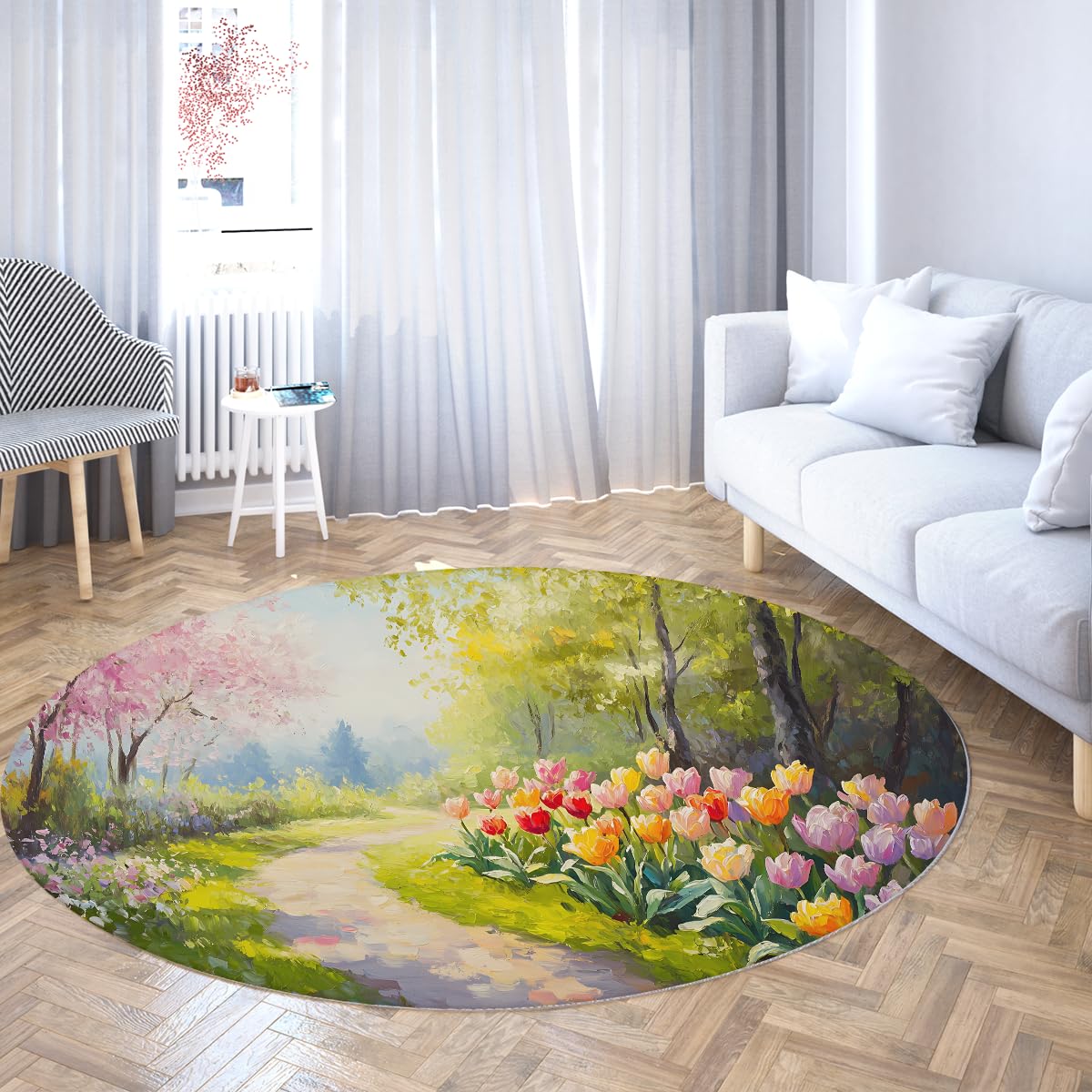 Tapis rond chemin de jardin tulipe lavable fini les taches dans le salon