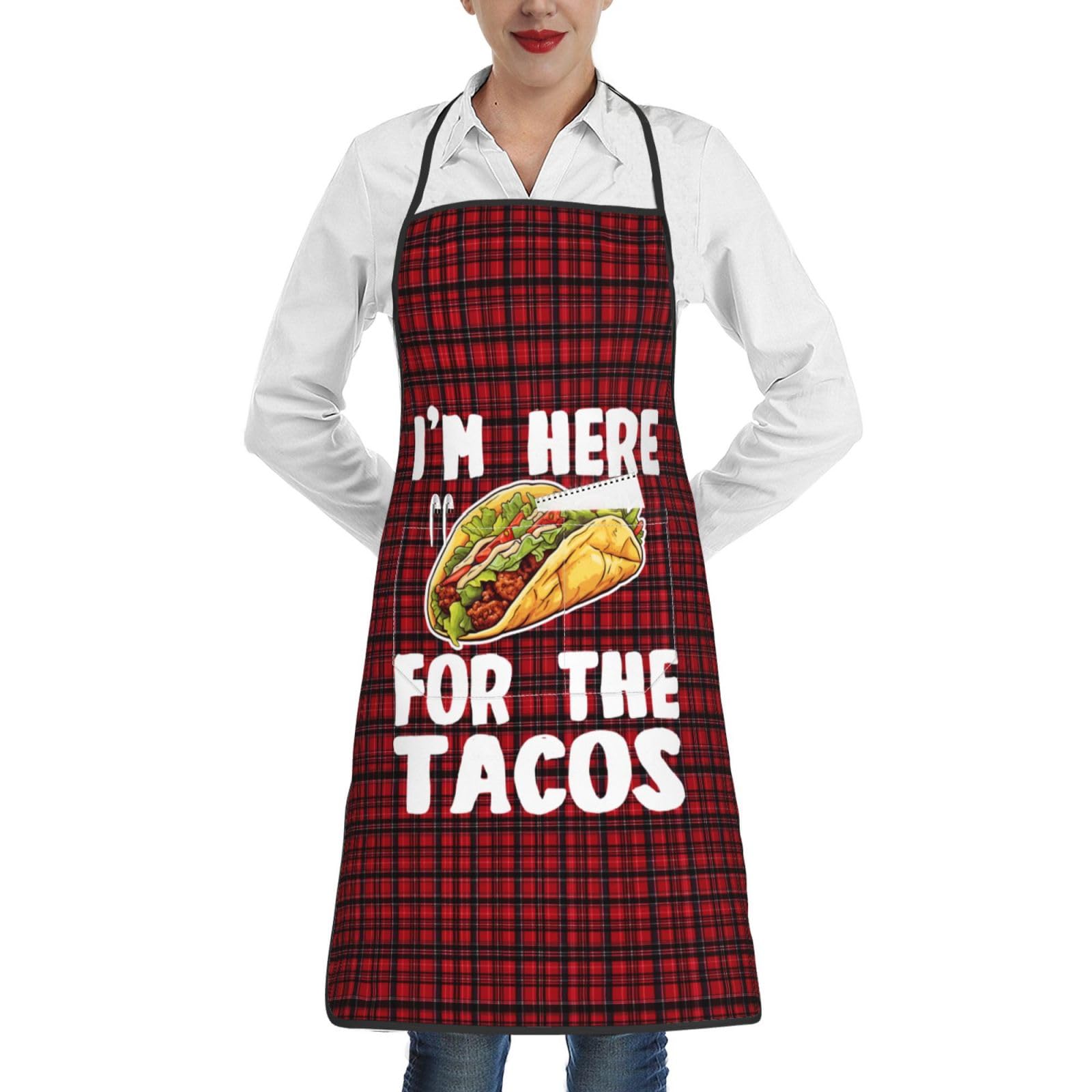 nopicsn I'm Here for The Tacos Apron for cooking with Pockets Women Men Kitchen Chef Funny Aprons