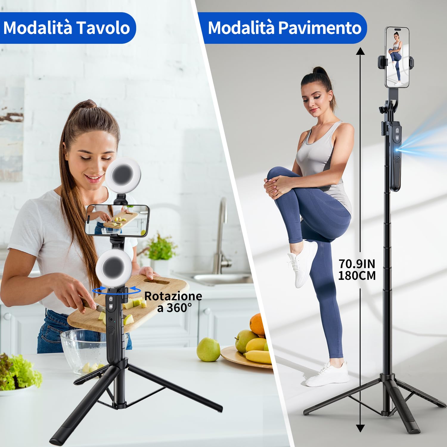 yAyusi Automatico Volto Rilevamento Treppiede con Luce, Senza App, 360° Rotazione 180cm Treppiede per Telefono con Sensore di Movimento, Supporto per Telefono con Doppie Luci per Vlog/Video/Stream