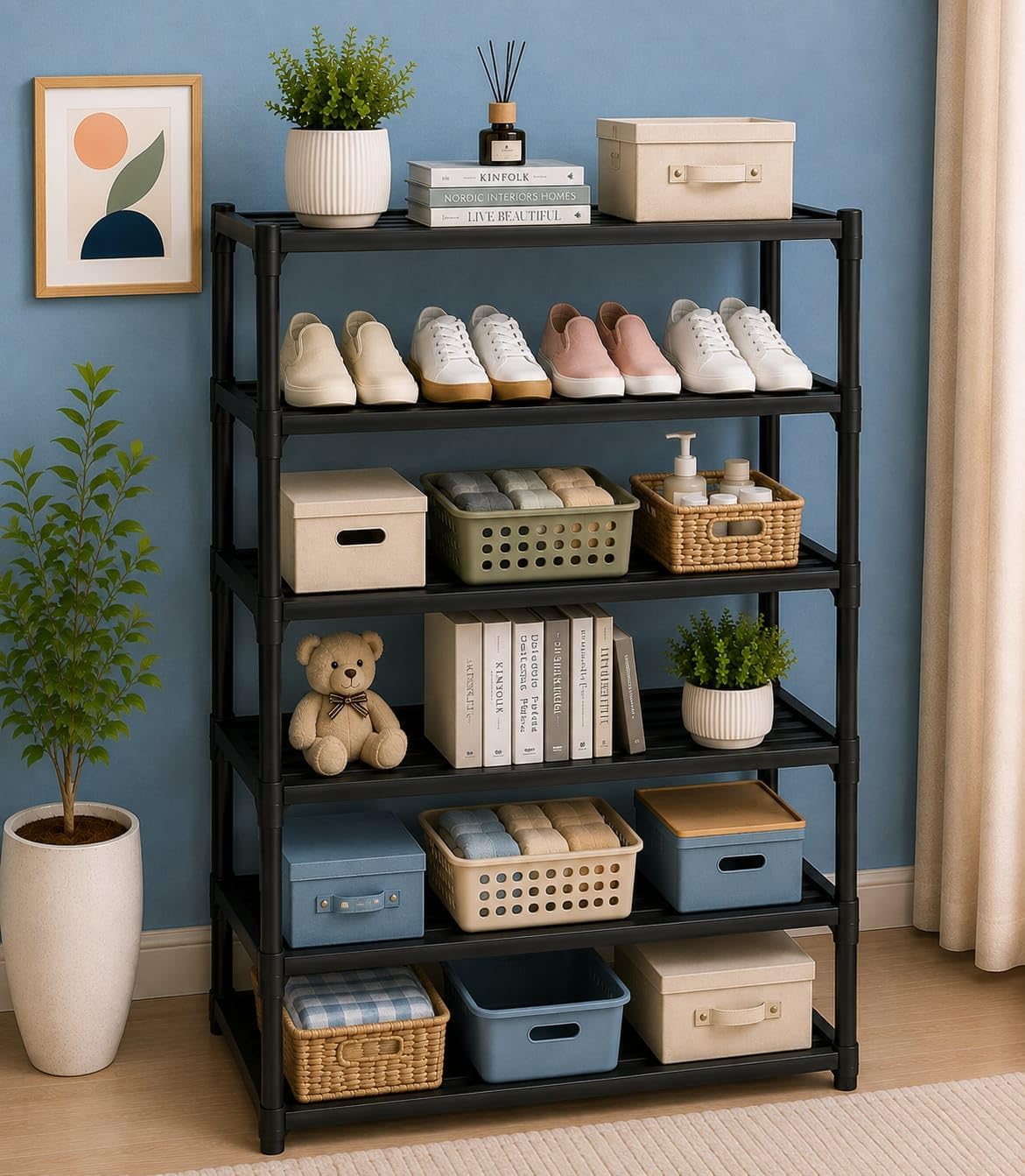 Portable Modular Plastic Shoe Cabinet with Doors, 24-Tier Stackable Shoe Rack Organizer, Dustproof Waterproof Storage Cabinet, Space Saving Entryway Shoe Shelf (Dark Black, 6 Door)-image-11