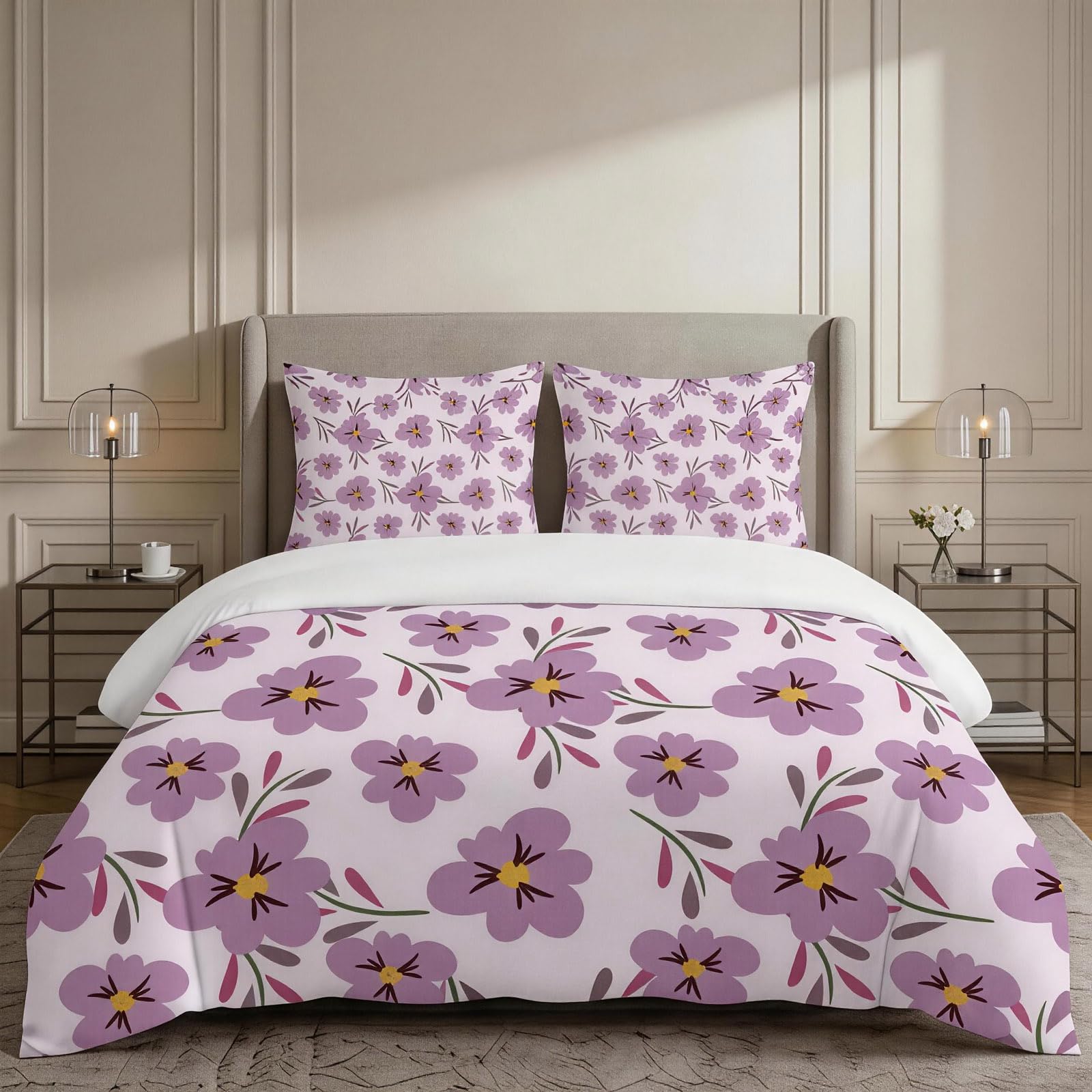 Housse de couette 160x200 microfine de qualité supérieure fleurs violettes