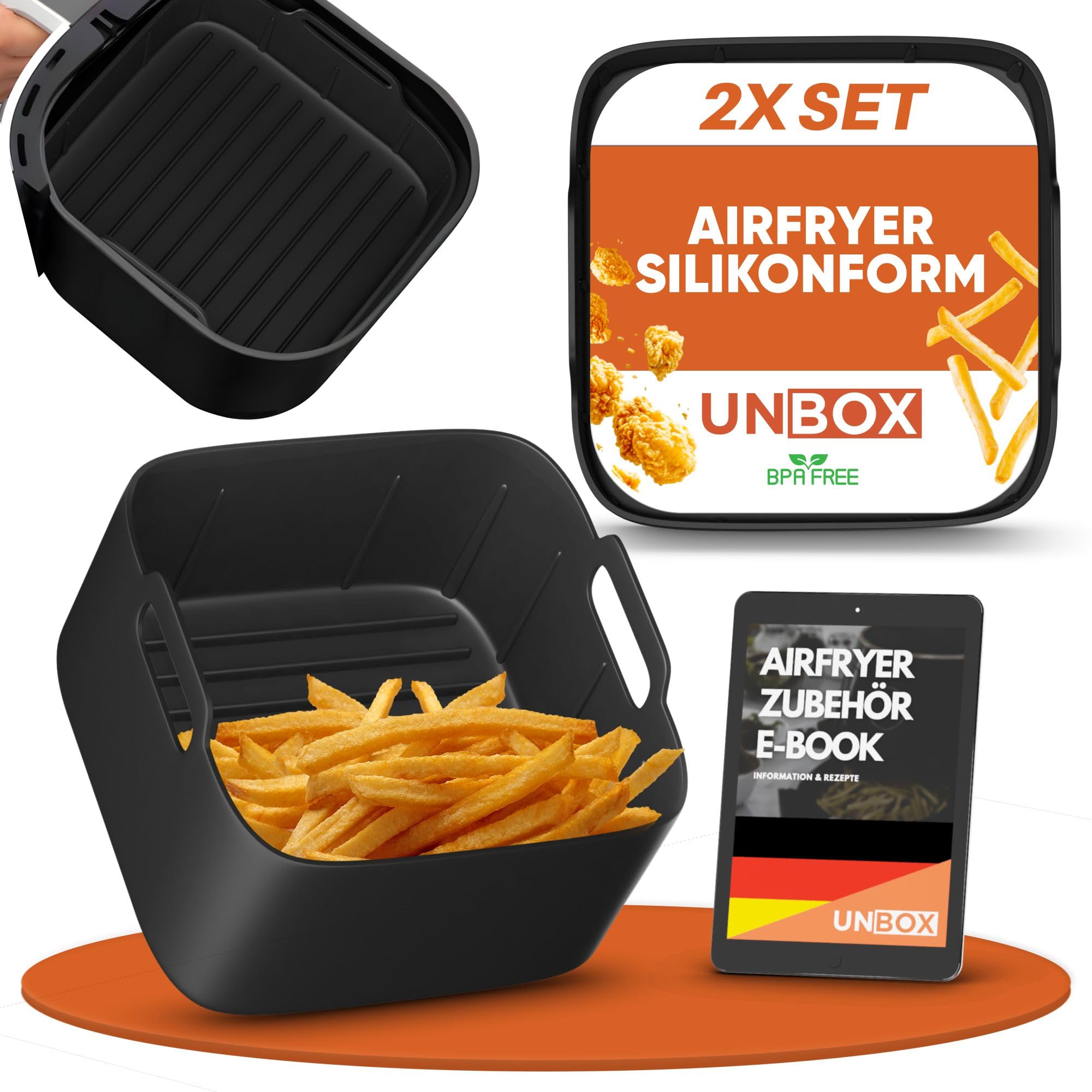 UNBOX 2PCS Silikonform Heißluftfritteuse für Philips XL 6,2L, 21cm Air Fryer Silikon Einsatz kompatibel mit COSORI 4,7L, 5,5L, Ninja 4,7L, 6,2L, Cecotec 5,5L, 6L, Alternative zu Backpapier, BPA Frei