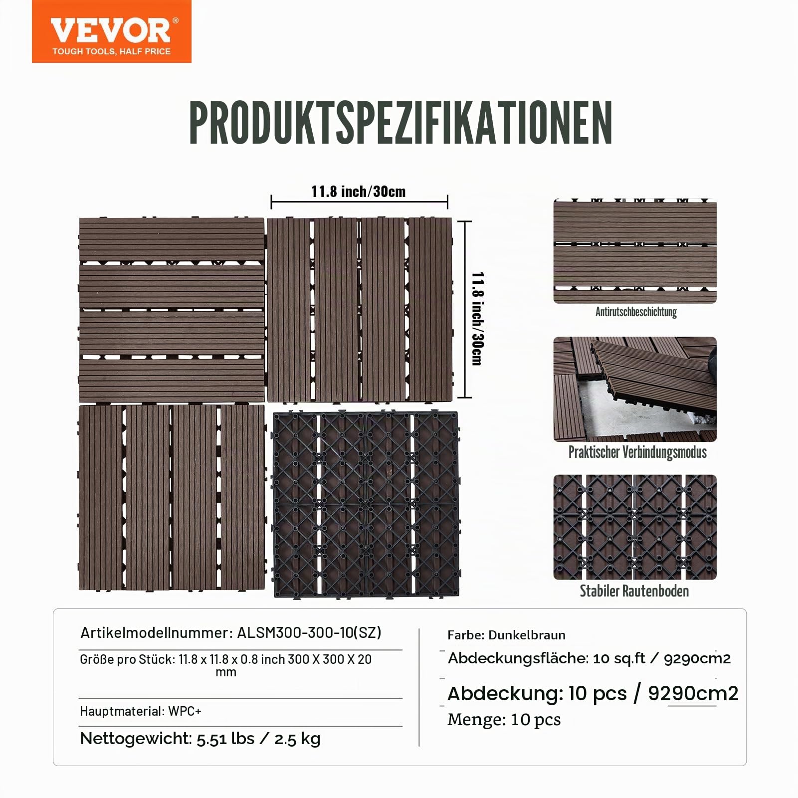 VEVOR Terrassenfliesen, 27er-Set, Balkonfliesen 30x30cm, Klickfliesen, wasserdichter Kunststoff-Bodenbelag für den Außenbereich, Terrassenbodenbelag für Veranda, Pool, Balkon, Hinterhof, Dunkelbraun
