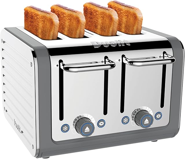 Dualit Architect 4 Slice Toaster | Stainless Steel with Grey Trim|Extra-Wide SlotsPeek and Pop FunctionPatented Perfect Toast TechnologyMatching Kettle and Sandwich Cage Available | 46526
