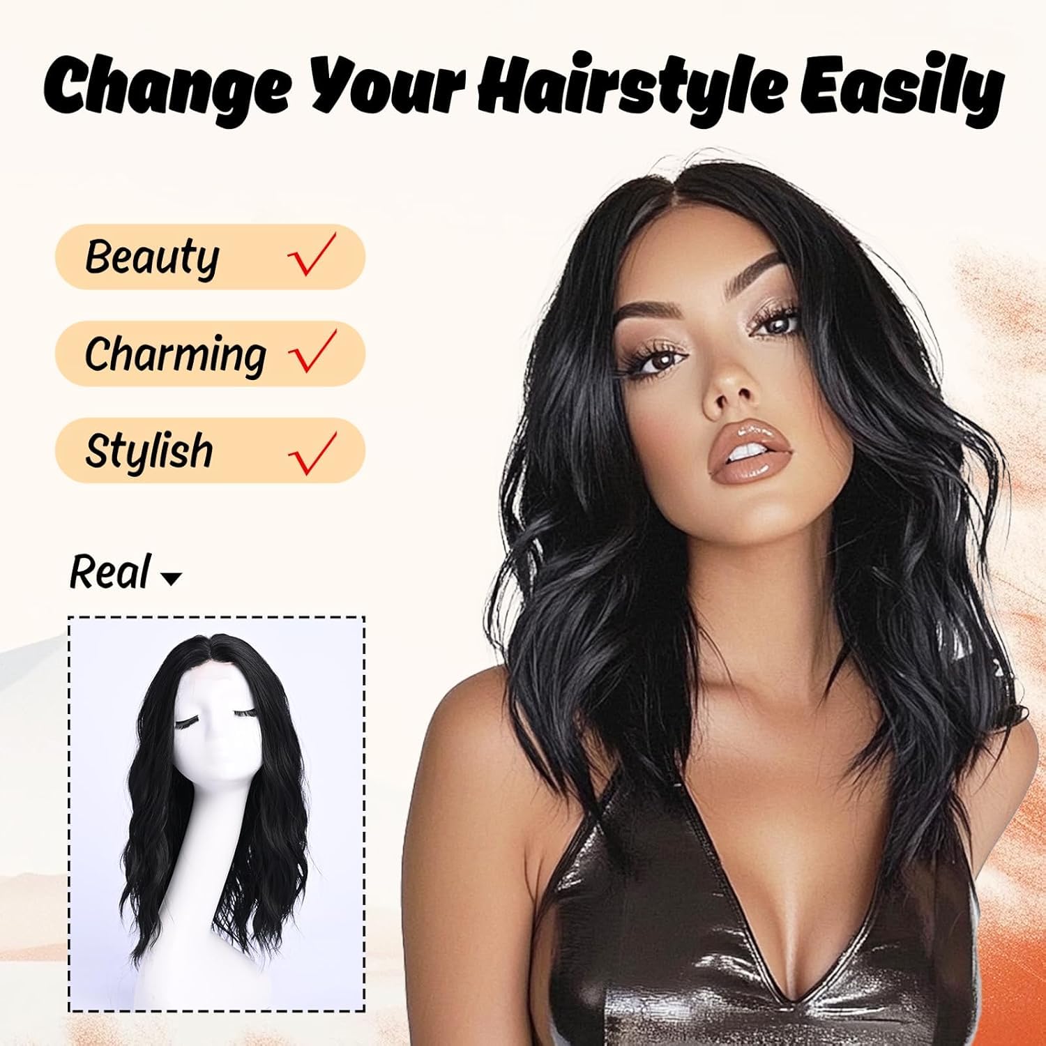 YaissmyLu Medium Length Black Wavy Wigs for Women 18 Inch Middle Part Wavy 1B Wig Natural Looking Synthetic Heat Resistant Fiber Wig for Daily Party Use (18 inch) - Image 3