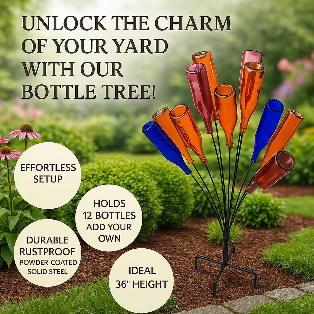 Outdoor Bottle Tree Garden Decor, Powder Coated Steel Wine Bottle Tree for Yard and Patio, Holds 12 Bottles, Weather Resistant