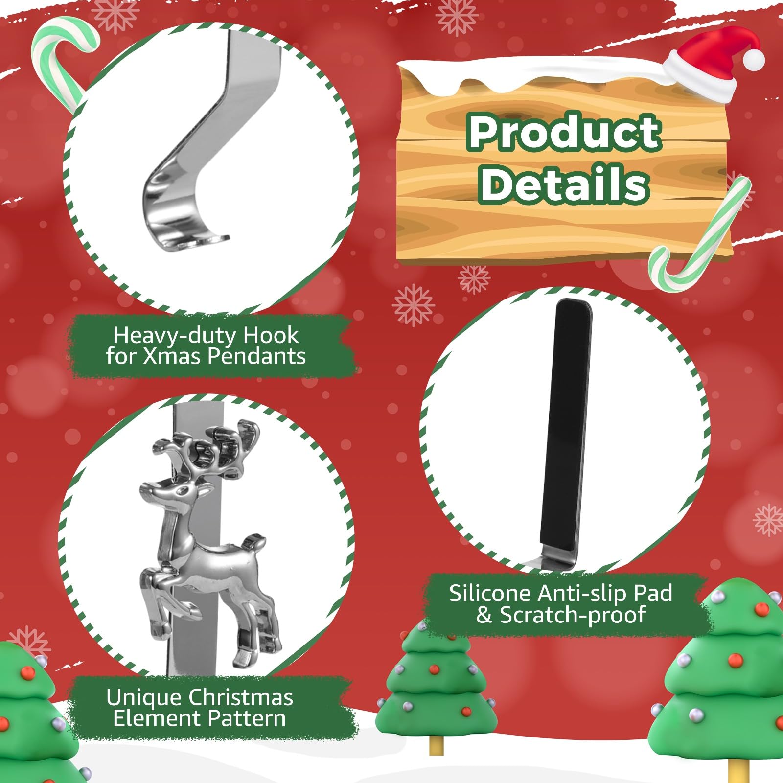 5 soportes para calcetines de Navidad para chimenea, ganchos de metal plateado con ciervos, muñeco de nieve, árbol, trineo, Papá Noel, ganchos resistentes para mantel, 16 x 9,9 cm