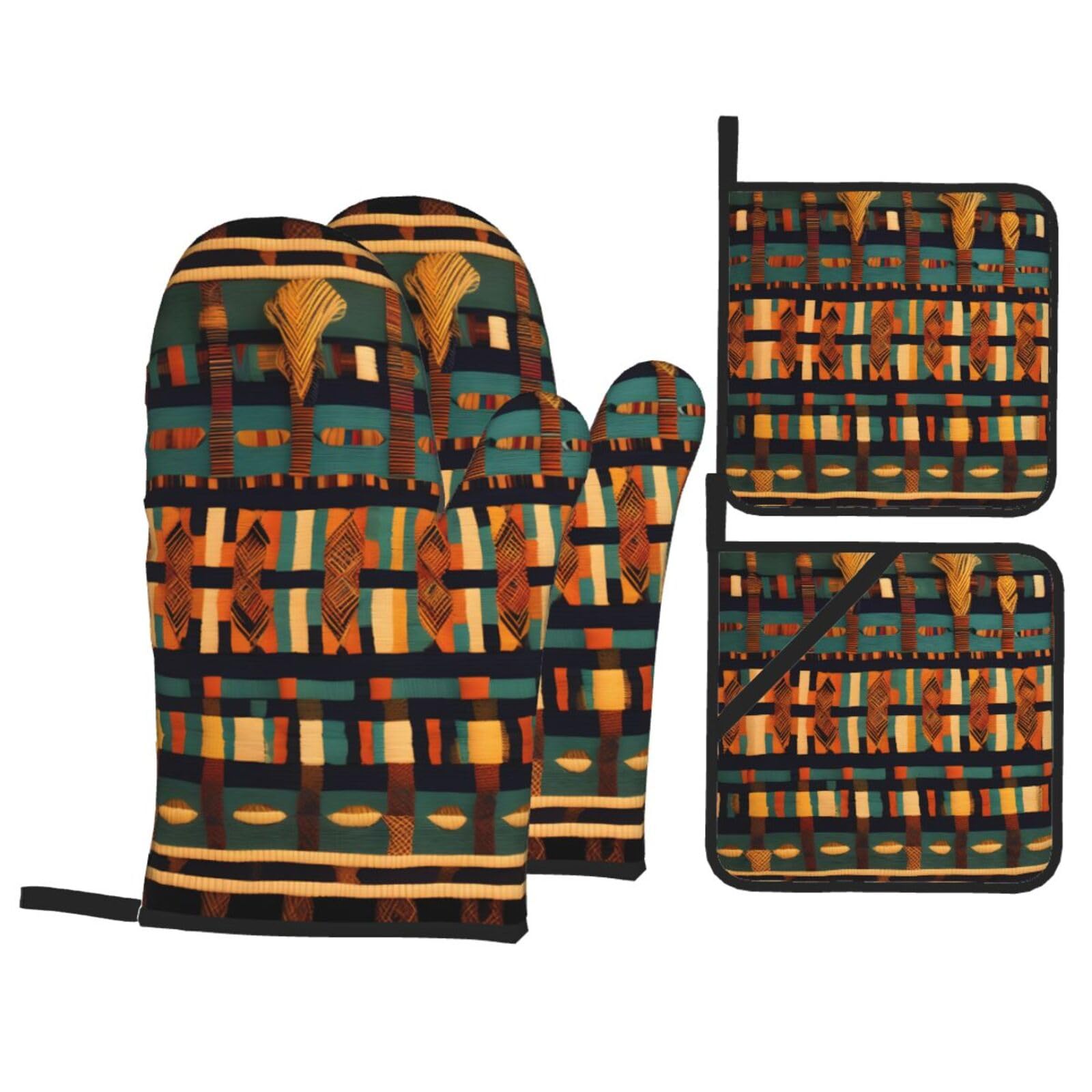 African Classic Weave Print 4-Piece Oven Microwaving Set Waterproof Kitchen Gloves for Baking Grilling Cooking