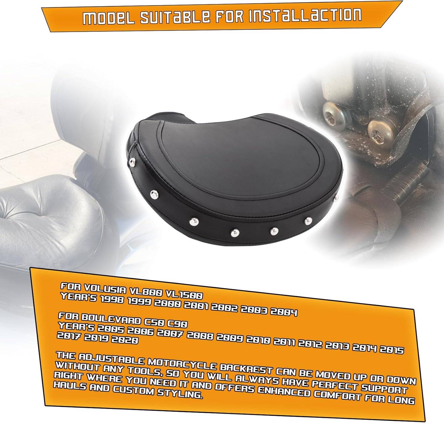 Kinglemc Adjustable Driver Rider Touring Backrest for VL1500 VL800 C50 C90 Suzuki Boulevard (Black-Studded)