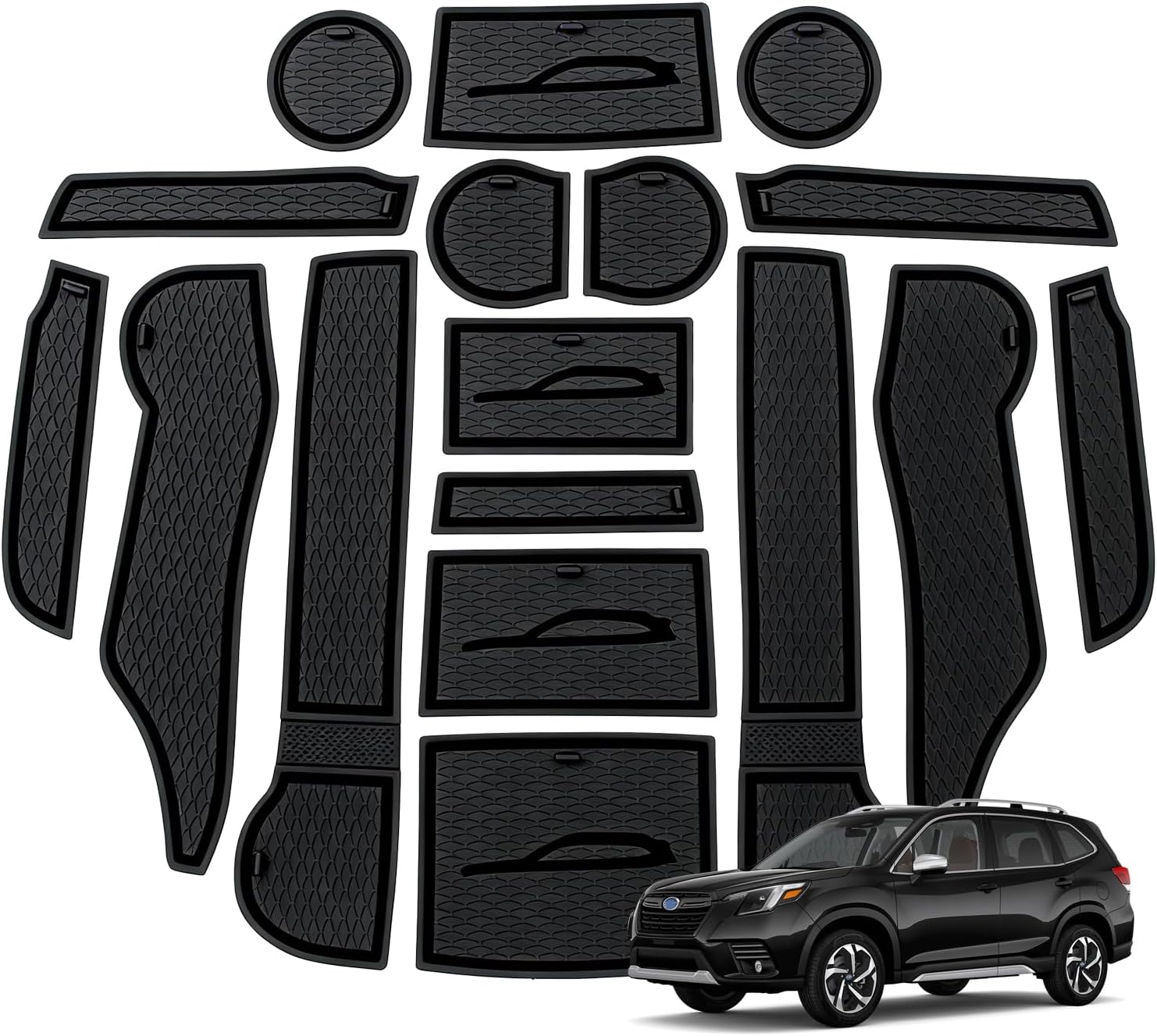 Cup Holder Mats for 2019-2024 Subaru Forester,17Pcs Soft Silicone Non-Slip Coaster Door Slot Insert Liners for 2024 2023 2022 Car Interior Accessories Black