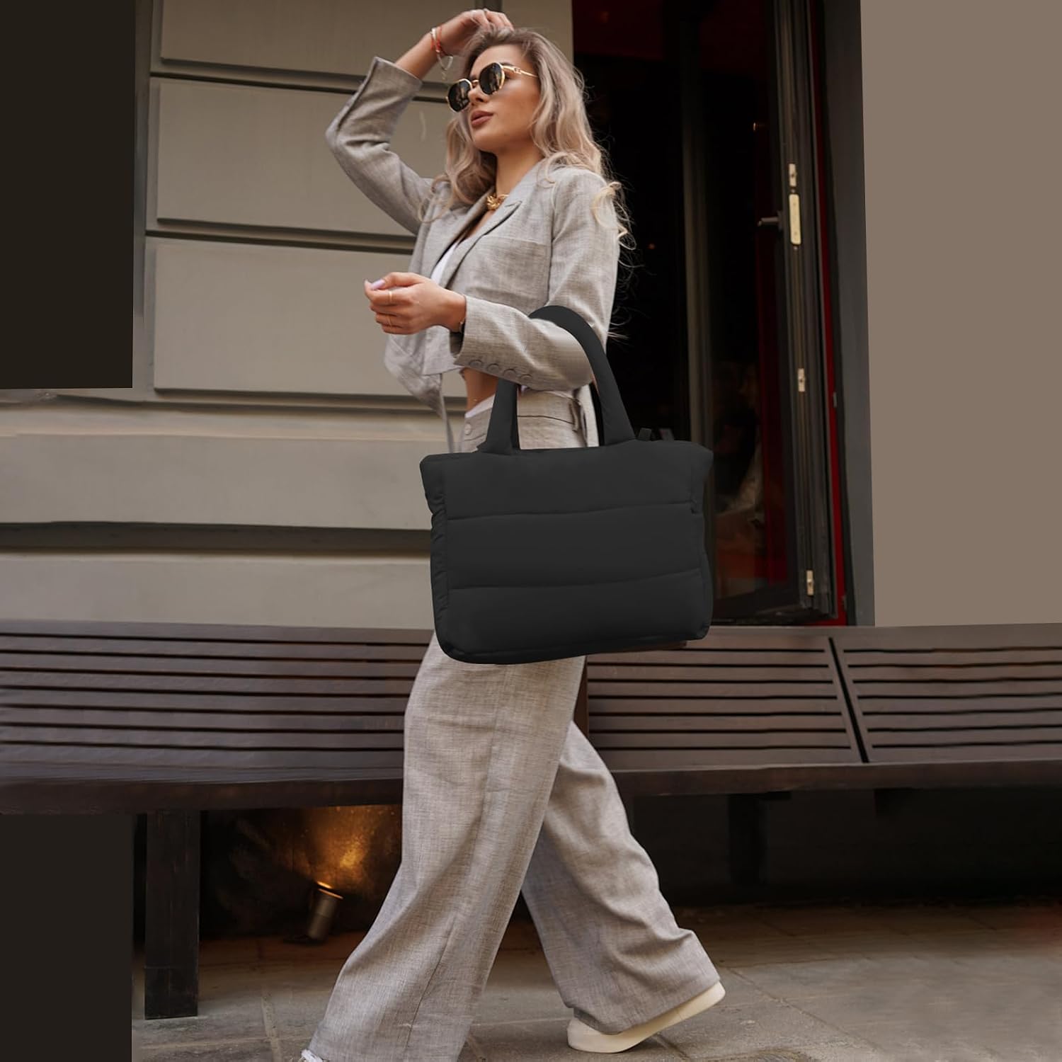 Tote Bag for Women Lightweight Puffy Tote Bag with Pockets Shoulder Bag for Travel Work Laptop