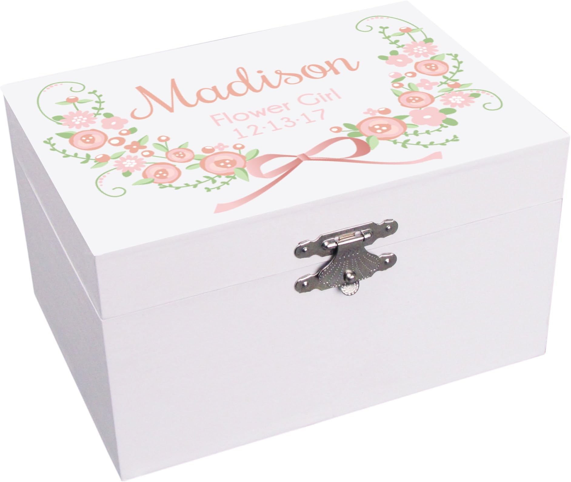 Personalized Flower Girl Blush Garland Jewelry Box Ballerina Musical Plays It's a Small World