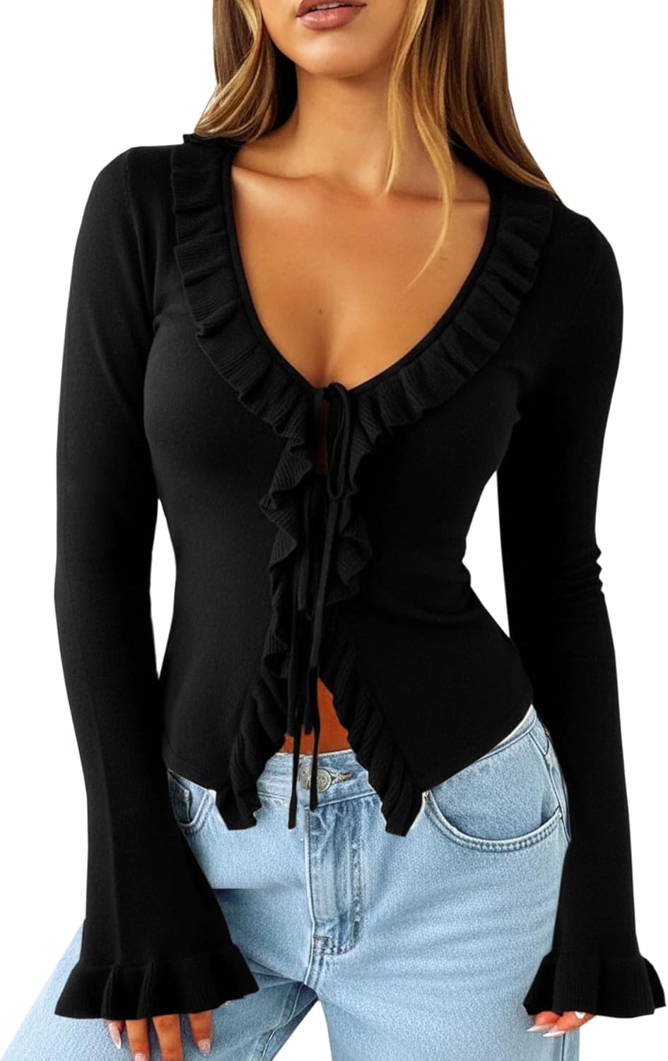 Navneet Women Ruffle Tie Front Cardigan Sweater Long Bell Sleeve Cropped Knit Sweater Top