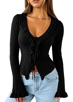 Navneet Women Ruffle Tie Front Cardigan Sweater Long Bell Sleeve Cropped Knit Sweater Top