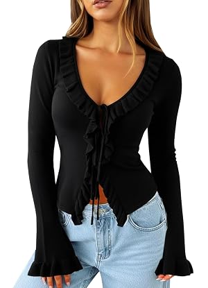 Navneet Women Ruffle Tie Front Cardigan Sweater Long Bell Sleeve Cropped Knit Sweater Top