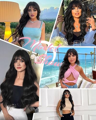 Miniatura 5 de Stamped Glorious Peluca negra con flequillo, pelucas largas onduladas para mujer, pelucas rizadas de aspecto natural, peluca de fibra sintética