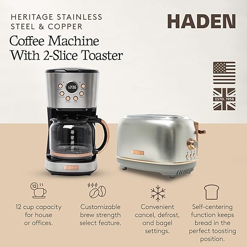 Miniatura 2 de HADEN Heritage - Cafetera retro programable de 12 tazas con tostadora de ranura ancha de 2 rebanadas con bandeja extraíble para migas, acerocobre