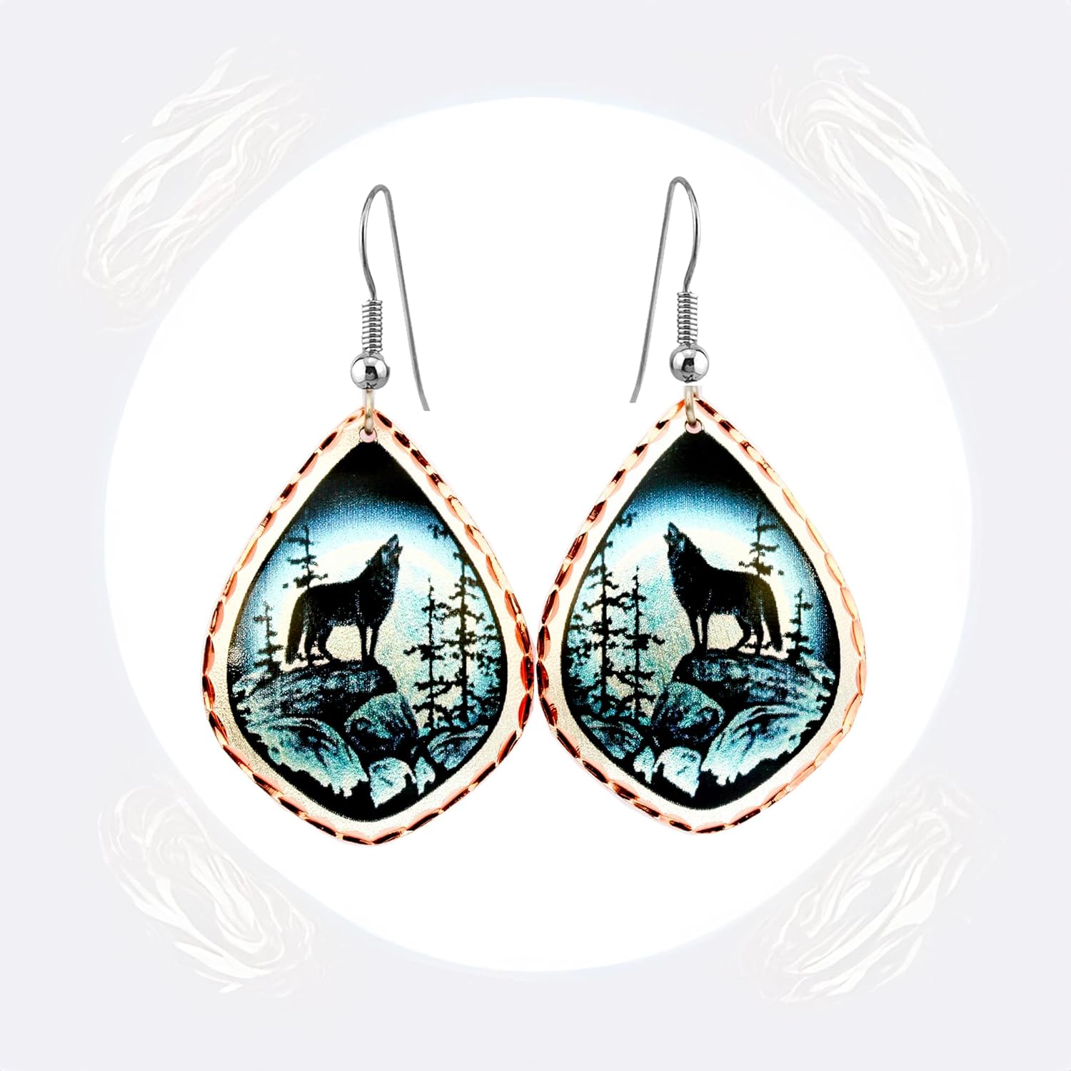 FRONT LINE JEWELRY Wolf and Moon Earrings – Artisan-Crafted Copper Earrings Featuring Howling Wolf Design – Northern Lights Wolf Jewelry – Unique Wolf Gift for Her