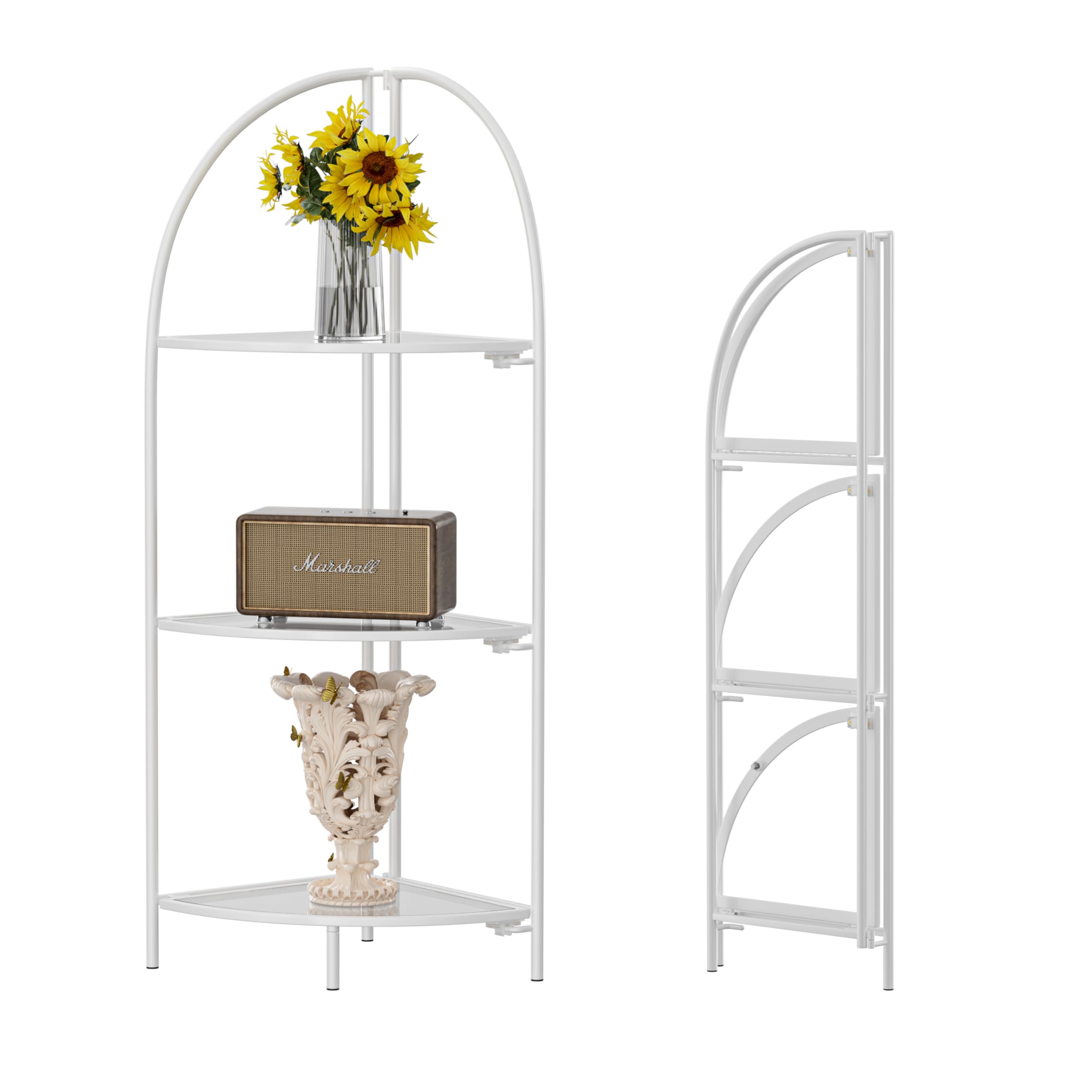 Crofy Foldable 3 Tier Corner Shelf, Metal Corner Plant Stand with White Frame and Transparent Shelves, Corner Display Rack Multipurpose Shelving Unit
