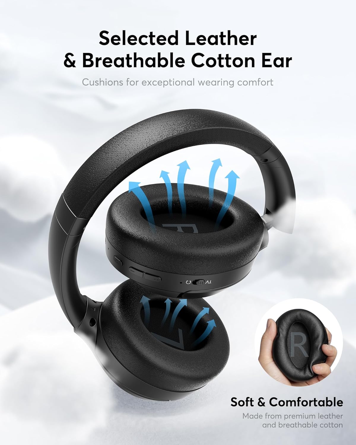 Close-up of Doohoeek AC141 headphone earcups, highlighting soft leather and breathable cotton material.