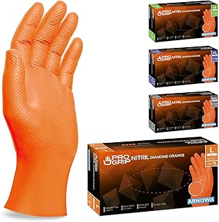 50x PROGRIP Guantes nitrilo talla L Naranja [Con doble grosor y textura diamante], Guantes desechables de nitrilo para taller, industria y montaje, Luvas nitrilo descartaveis