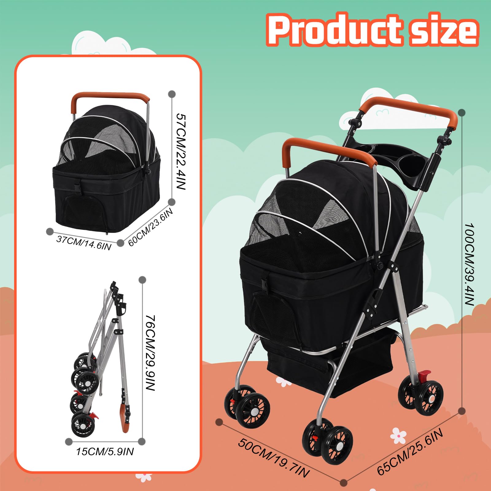 Cochecito para Perros 3 en1,Carro Perro Plegable,Hasta 20kg, Carrito Perro Con Rueda Universal de 360° con Freno,Cesta de Almacenamiento,Ventana de Malla,Portavasos y Asa Ajustable,para Perros Gatos